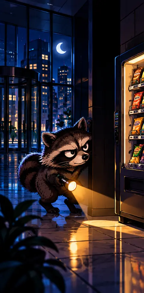 A raccoon sneaking through a dark office lobby with a flashlight toward a vending machine