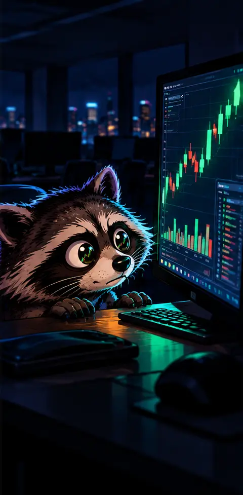The raccoon staring wide-eyed at a glowing monitor full of green and red candles