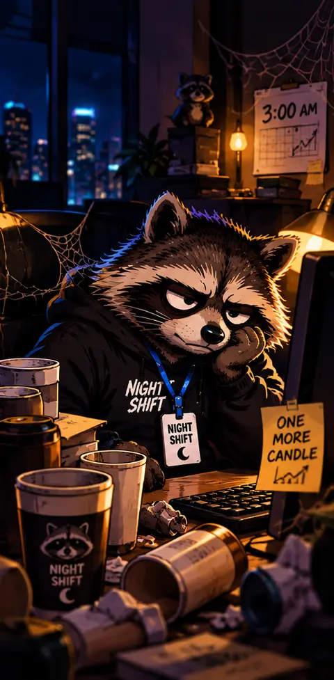 Years later, the raccoon slumped at the desk in a Night Shift hoodie, surrounded by empty coffee cups and cobwebs