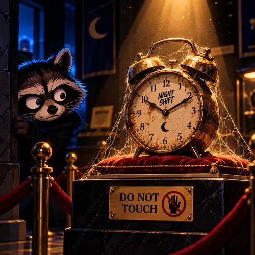 A cobweb-covered Night Shift alarm clock on a velvet pedestal behind ropes with a Do Not Touch sign, a nervous raccoon peeking at it