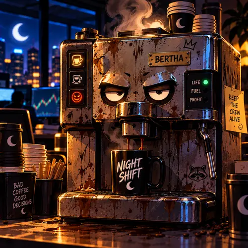 Bertha, a grumpy coffee-stained espresso machine pouring into a Night Shift mug