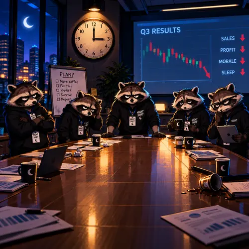 Exhausted raccoons standing around a boardroom table at 3 AM in front of a Q3 results chart where everything is down