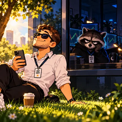 A cheerful Day Shift worker in sunglasses relaxing on the grass in the sun while a tired raccoon glares from the office window
