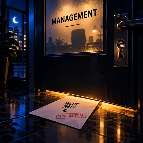 A closed Management office door with a confidential memo slid underneath and an eye peeking through the keyhole