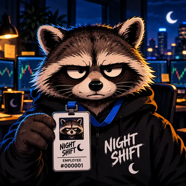 Rocco holding up his Night Shift employee badge, number 000001